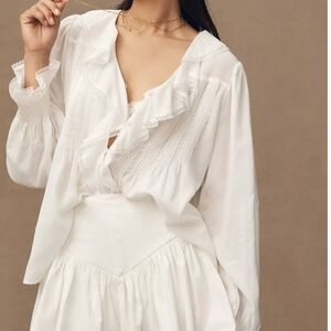 Anthropologie White Ruffled Blouse